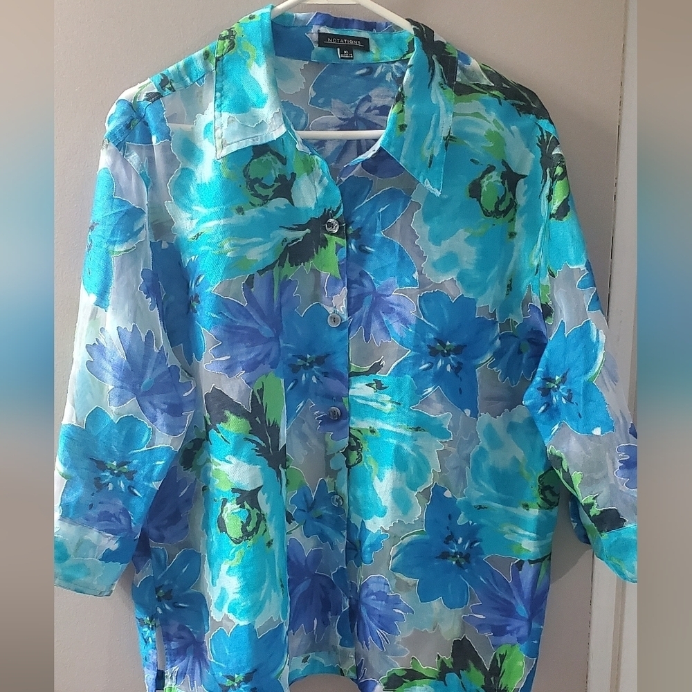 Notations Blue and Green Sheer Floral Shirt 3/4 Sleeves.Sz XL